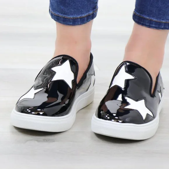 Black With White Stars Patent Sneakers Shoes - Picture 14 of 14